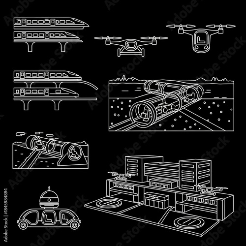Futuristic transportation concepts featuring high speed trains, drones, autonomous vehicles, and underground tunnels for transit innovation and future mobility