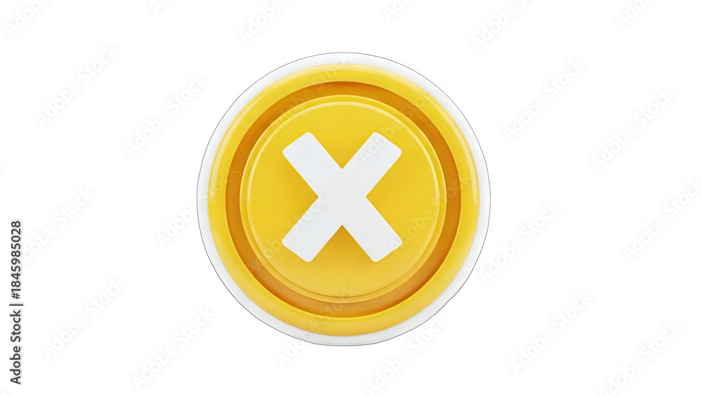 Fototapeta premium 3D Yellow Button with White X Mark on White Background