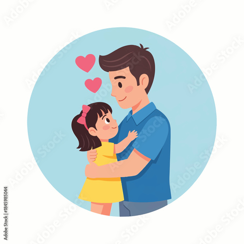 A father and daughter share a loving embrace, surrounded by hearts, symbolizing their deep bond and affection.