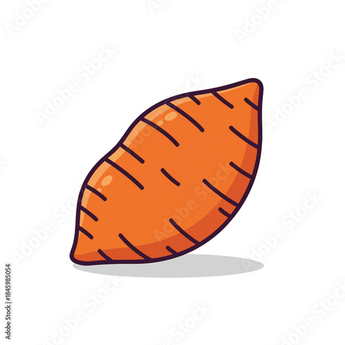 A stylized, cartoonish illustration of an orange sweet potato with dark lines on its skin, casting a subtle shadow.