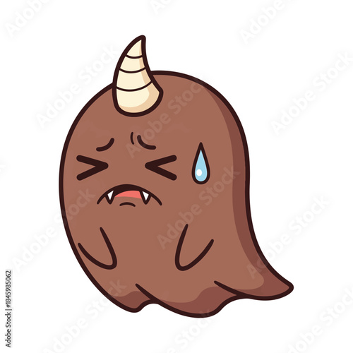 A cute, sad, brown monster with a single horn and sweat drops is depicted against a white background.
