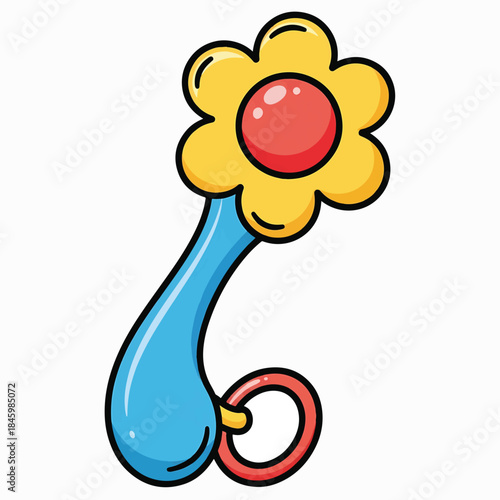 A colorful cartoon rattle with a yellow flower head featuring a red center, a blue curved handle, and a red ring.