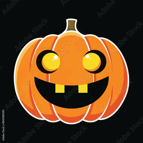 A cheerful, cartoon pumpkin with big yellow eyes and a wide, toothy grin on a black background.