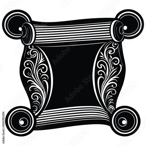 An ornate, antique scroll unfurled, revealing aged parchment texture, perfect for historical documents or decorative elements.