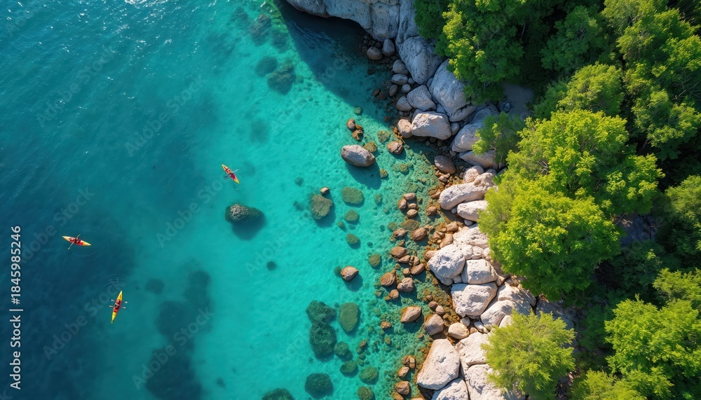 Obraz premium Kayakers paddle on clear turquoise water near rocky shore with rich green trees. Scenic coastal view offers peaceful exploration of pristine natural environment. Ideal for travel and adventure themes.