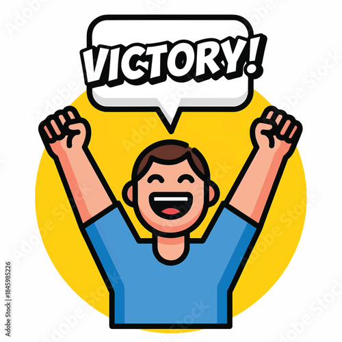 A cheerful person in a blue shirt exclaims VICTORY! with their arms raised in triumph against a yellow circle.