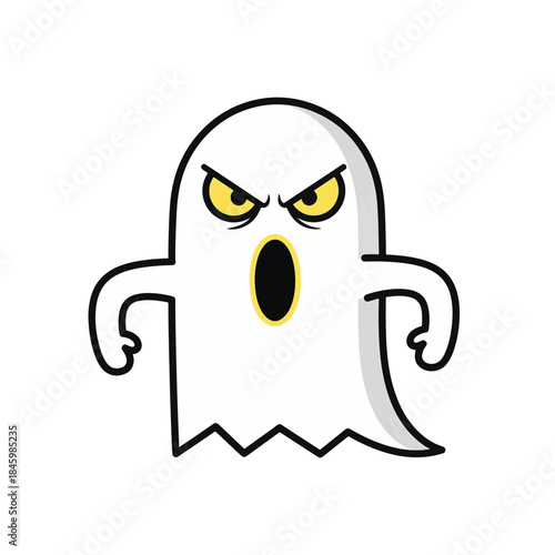 A cartoon ghost with an angry, exaggerated expression, wide eyes, and an open mouth. It has short arms outstretched and a jagged bottom.