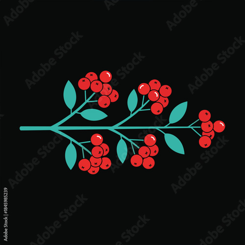 A stylized illustration of a rowan branch with red berries and teal leaves against a black background.