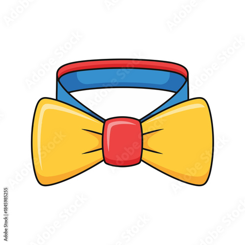 A vibrant yellow bow tie with a red center and a blue and red band. The illustration is simple and cartoonish, on a white background.