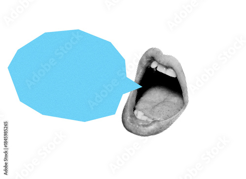 Expressive open mouth clipping with flat poly talk bubble – minimal comic composition for social media
