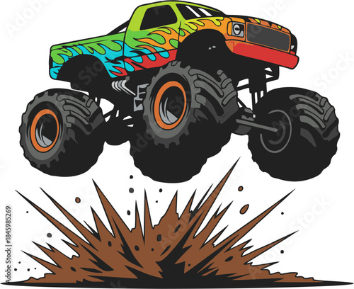 Monster truck illustration with flames leaping over dirt splash