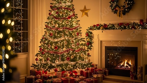 Cozy living room illuminated by a grand Christmas tree and a warm, inviting fireplace, surrounded by holiday presents