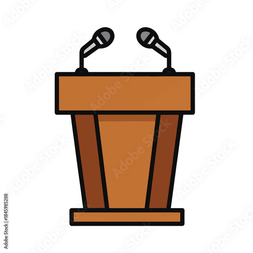 A simple, cartoon-style illustration of a wooden podium with two microphones.