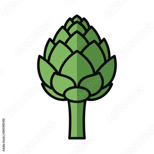A stylized, flat illustration of a green artichoke with a thick stem, set against a white background.