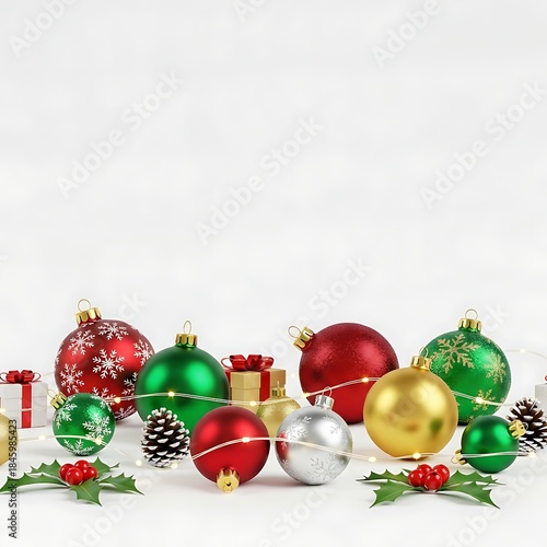 Festive Holiday Season Decorations with Gifts and Lights on a White Background
