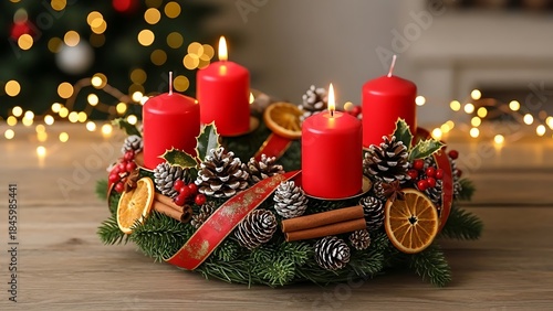 Elegant Advent wreath featuring three lit red candles surrounded by natural festive ornaments and a sparkling background