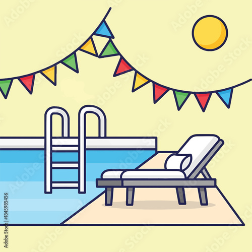 A colorful illustration depicts a swimming pool with a ladder, a lounge chair, and festive bunting under a sunny sky, suggesting a pool party.