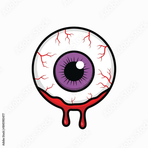 A cartoon eyeball with a purple iris and blood dripping from the bottom, on a white background.