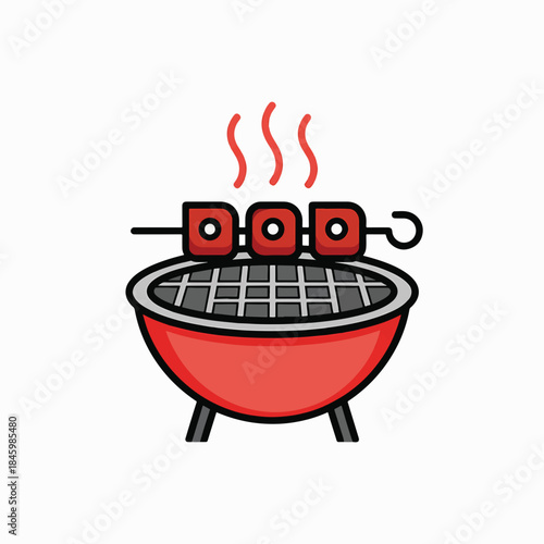 A red grill with skewers of meat cooking on it, emitting steam.