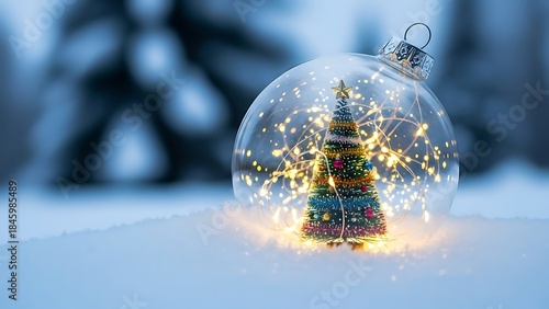Enchanting transparent Christmas ornament with a glowing miniature tree nestled in fresh winter snow