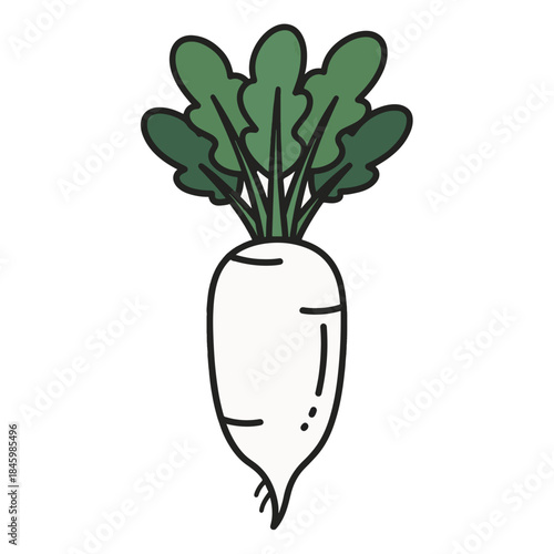 A simple, stylized illustration of a daikon radish with green leaves against a white background.
