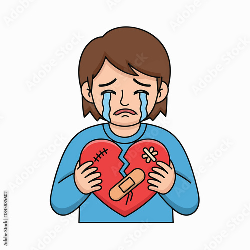 A sad person holds a broken heart with bandages, tears streaming down their face, symbolizing heartbreak and emotional pain.