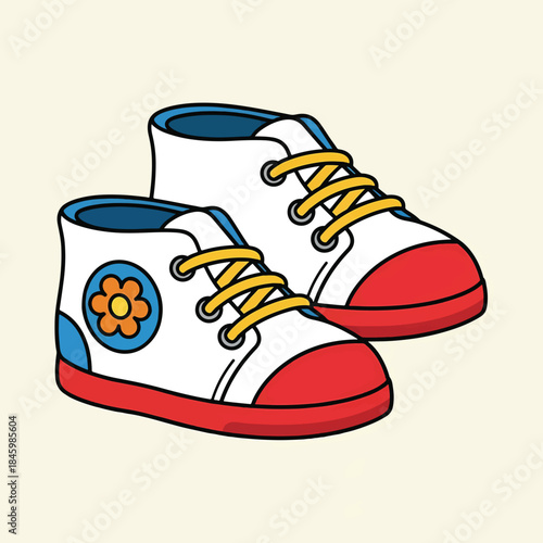 Cute cartoon high-top sneakers for toddlers, featuring white canvas, red soles, blue accents, yellow laces, and a floral design.