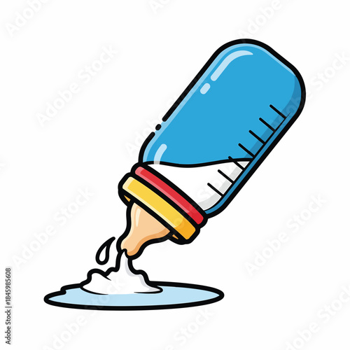A blue baby bottle is tilted, with milk spilling out onto a white surface.