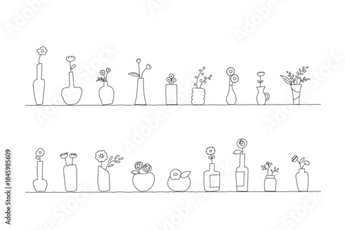 色々なお花の花瓶が並んだ線画イラストセット　