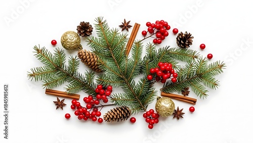 Festive Christmas Arrangement of Pine Sprigs, Pinecones, Berries, and Spices on White