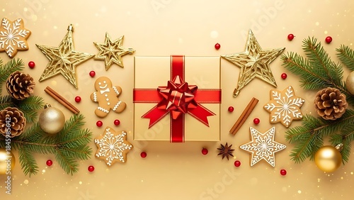 Elegant Christmas Gift Box Surrounded by Golden Ornaments and Festive Holiday Decorations, Top View