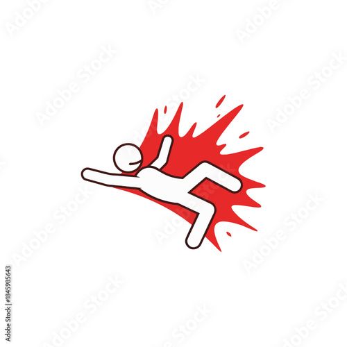 A stylized white stick figure appears to be falling or collapsing into a bright red splash, suggesting an impact or injury.
