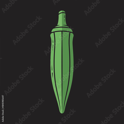 A stylized, green okra pod with dark outlines stands vertically against a plain, dark background. It has a smooth, ribbed texture.