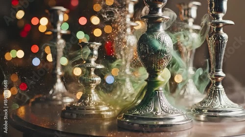 Luxurious silver candelabra on wooden table with decorative flowers