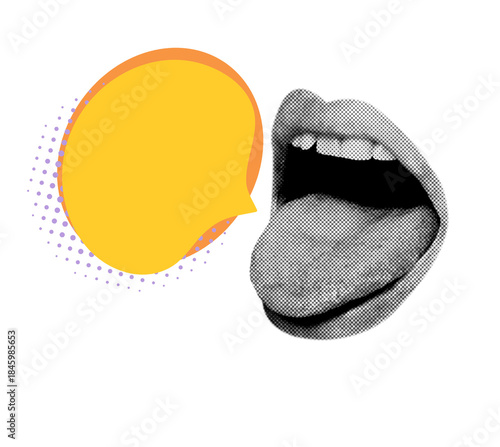 Halftone open mouth with tongue and pop art comic speech bubble. Used to add bold messages, quotes, announcements, or reactions