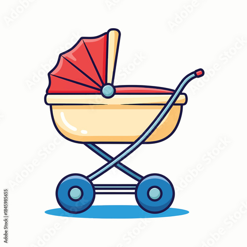 A cute, cartoon-style illustration of a vintage baby stroller with a red canopy and cream-colored bassinet, on a white background.