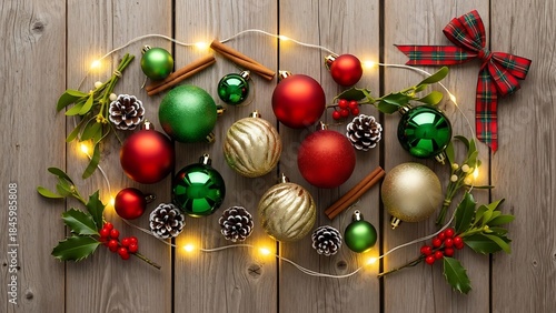 Festive Christmas Baubles and Twinkling Lights Arranged on Rustic Wooden Background