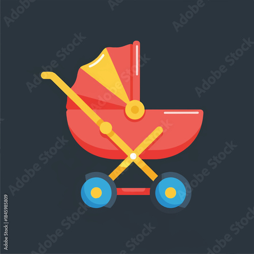 A flat, stylized icon of a red baby carriage with yellow accents and blue wheels against a dark background.