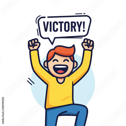 A cartoon person with arms raised in a victory pose, exclaiming Victory! with a huge smile.
