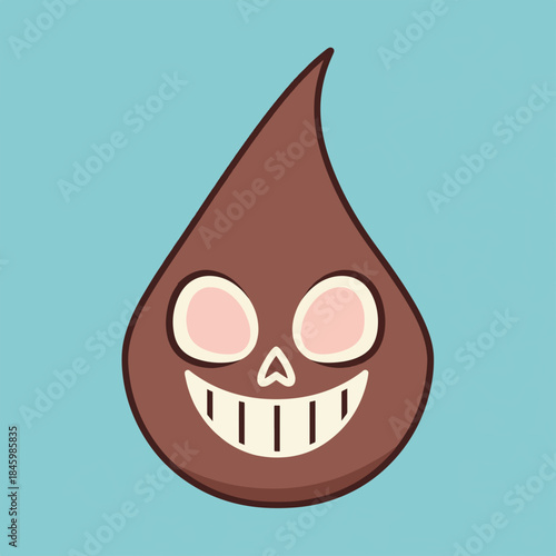 A brown, teardrop-shaped character with a spooky grin and pale eyes sits against a light blue background.