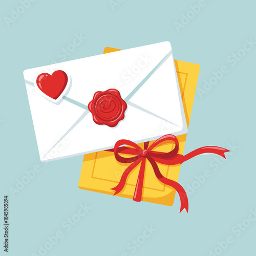 A white envelope with a red heart and wax seal, tied with a red ribbon around a yellow card.