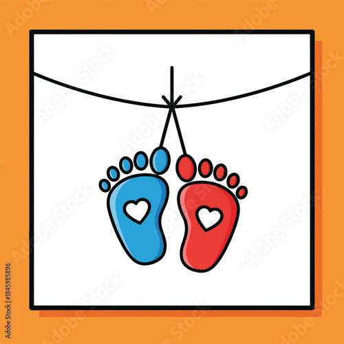 Two baby footprints, one blue and one red, with hearts inside, hang from a string. They symbolize new life or gender reveal.