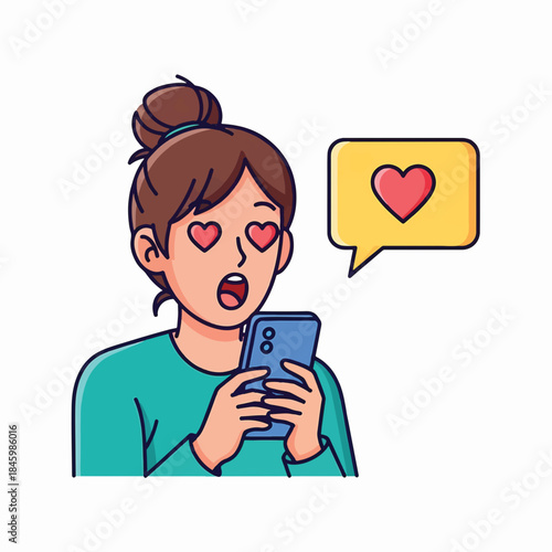 A cartoon girl with heart eyes stares at her phone, with a speech bubble containing a heart. She's clearly smitten!