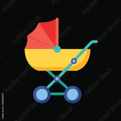 A colorful, stylized illustration of a baby stroller with a red canopy, yellow bassinet, and blue wheels on a black background.