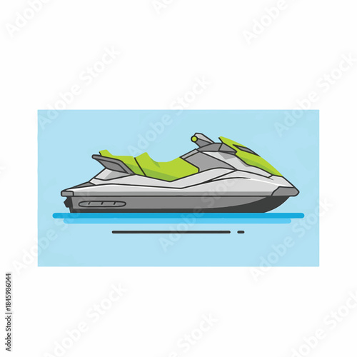 A modern, sleek jet ski with a lime green seat and accents, set against a bright blue background, suggesting a fun water activity.