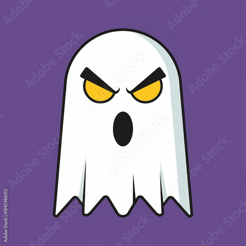 A minimalist, cartoon ghost with an angry expression and an open mouth, set against a vibrant purple background.