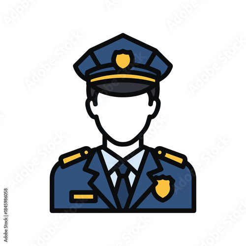 A stylized, flat vector illustration of a police officer, depicted as a bust with a dark blue uniform, hat, and badges, against a white background.