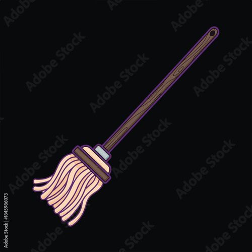 A cartoon-style mop with a wooden handle and light-colored strands against a black background.