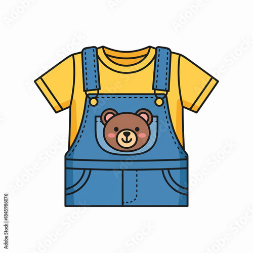 Cute cartoon baby overalls with a teddy bear applique and a yellow t-shirt underneath.