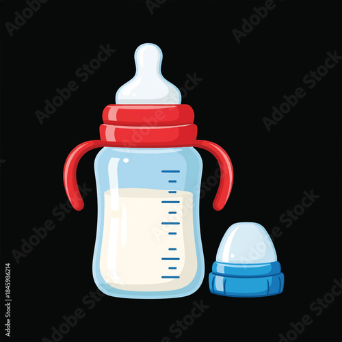 A baby bottle with a nipple, red handles and cap, and a separate blue cap. The bottle is filled with a white liquid and has measurement markings.